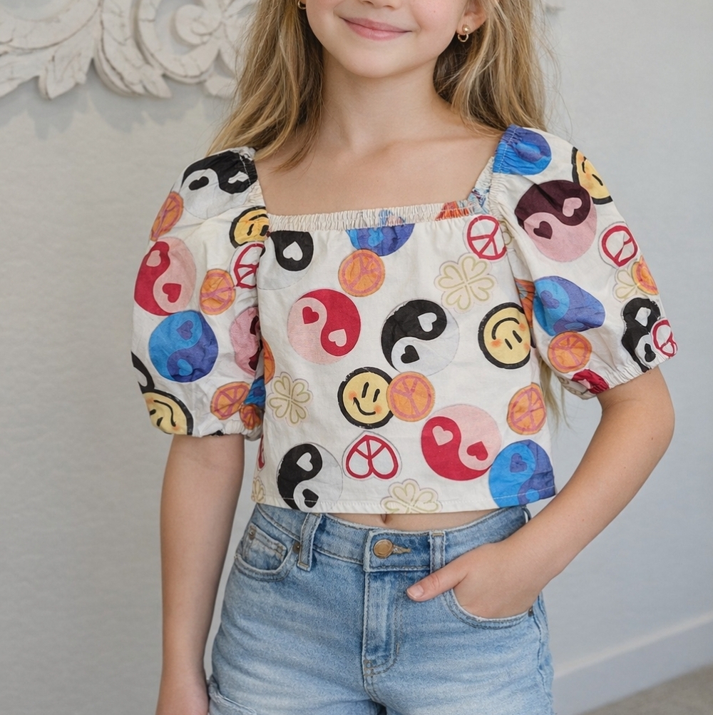 Honey & Sparkle Puff Sleeve Graphic Cotton Y2k Blouse-Big Girl's Med, Lrg & XL